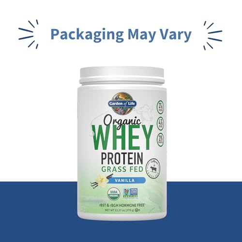 Garden of Life Grass Fed Whey Protein Powder for Women & Men - Vanilla, 21g Protein, 12 Servings - Gluten Free, Non GMO,