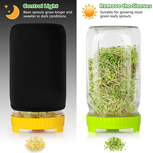 Seed Sprouting Kit for Bean, Broccoli, Alfalfa (Yellow+Green) Large Wide Mouth Mason Jars with Sprout Lids Blackout Slee