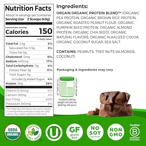 USDA Organic Orgain Organic Simple Vegan Protein Powder Chocolate - Plant Based Protein, Gluten Free, No Dairy or Lacto