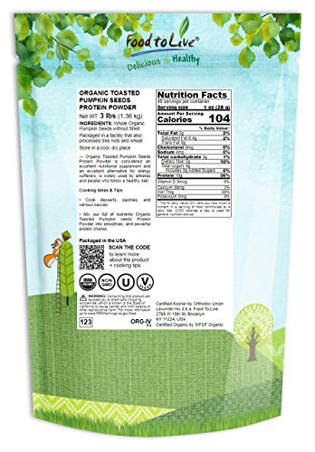 Food to Live Organic Toasted Pumpkin Seeds Protein Powder - 60% Protein, Non-GMO, Organic, Plant Based, Vegan, Kosher,