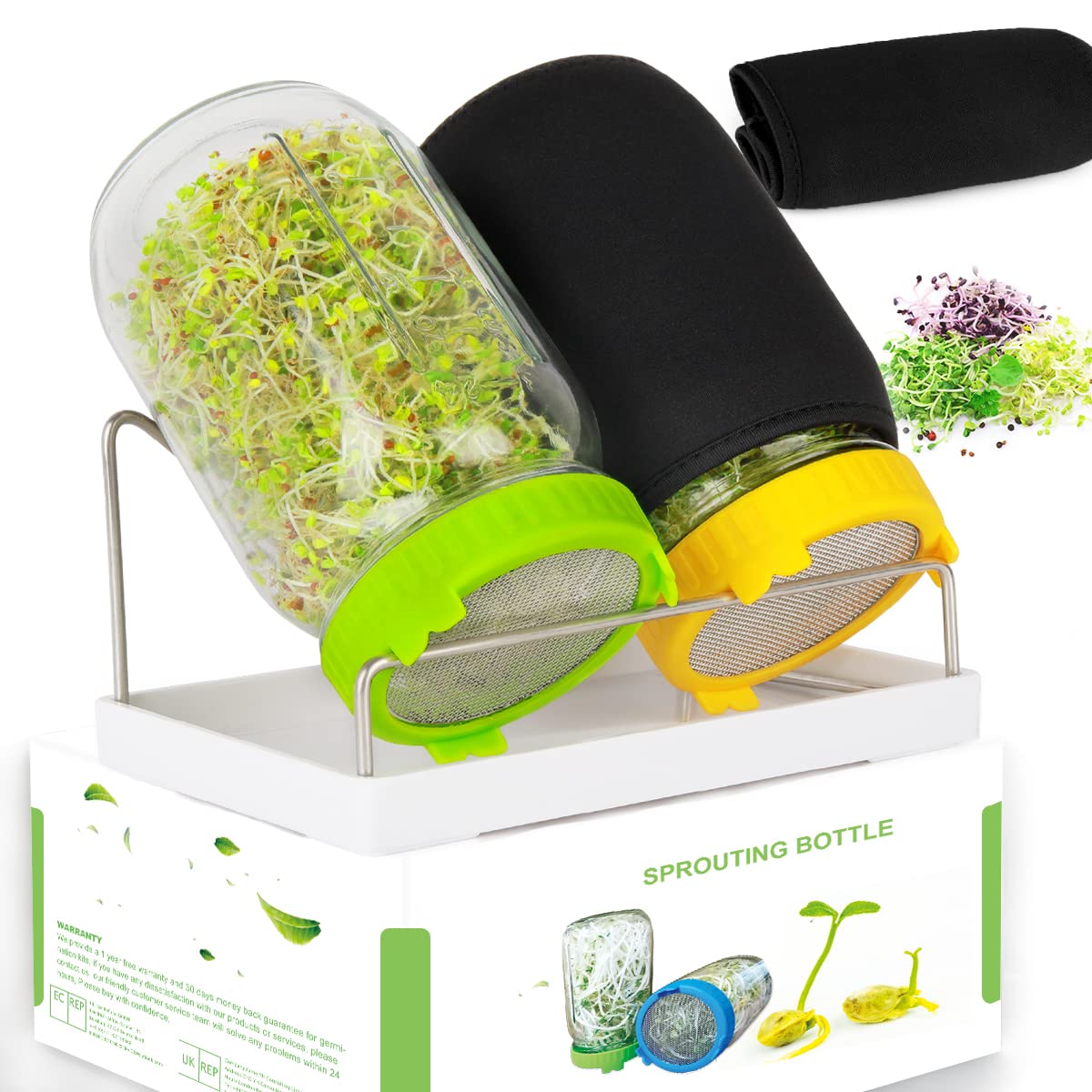 Seed Sprouting Kit for Bean, Broccoli, Alfalfa (Yellow+Green) Large Wide Mouth Mason Jars with Sprout Lids Blackout Slee
