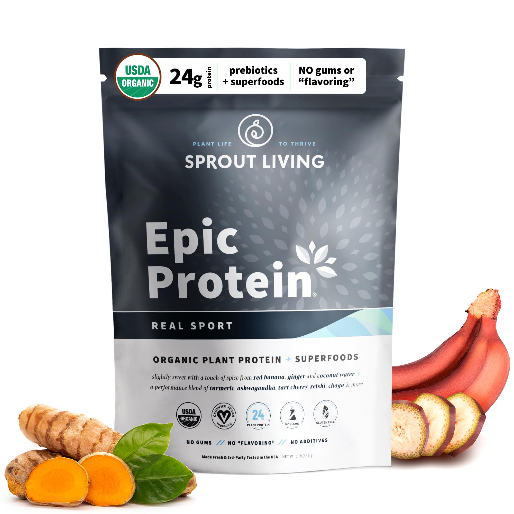 Sprout Living Epic Protein Plant Based Protein & Superfoods Powder - Real Sport, 24 Grams Organic Protein, Vegan, Non-D