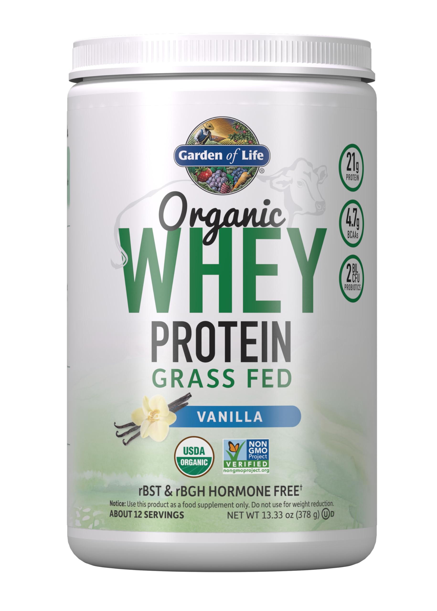 Garden of Life Grass Fed Whey Protein Powder for Women & Men - Vanilla, 21g Protein, 12 Servings - Gluten Free, Non GMO,