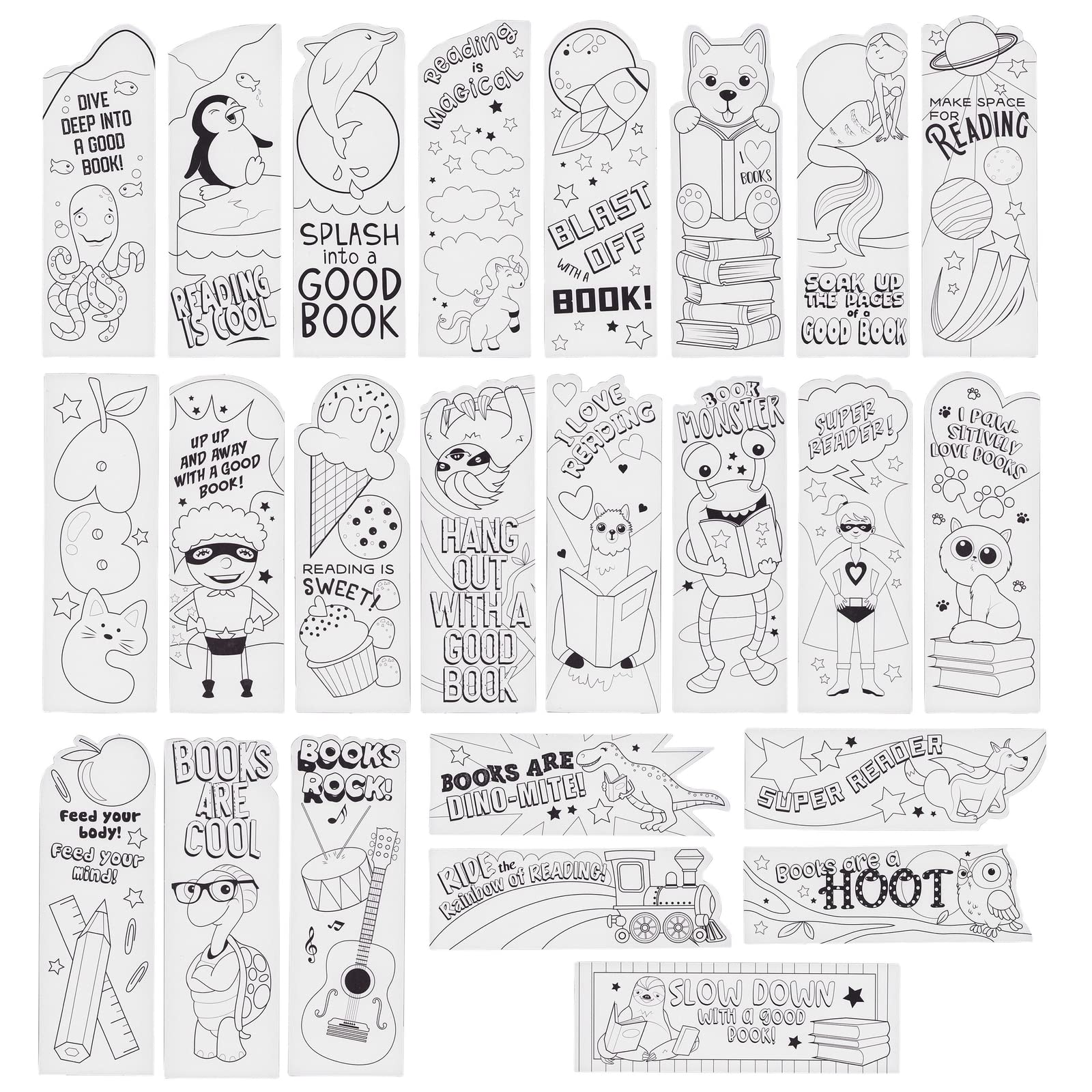 Juvale 24-Pack Color Your Own DIY Bookmarks for Kids & Students - Bookmark Kit with Book Worm Designs for Reading (2 x 6