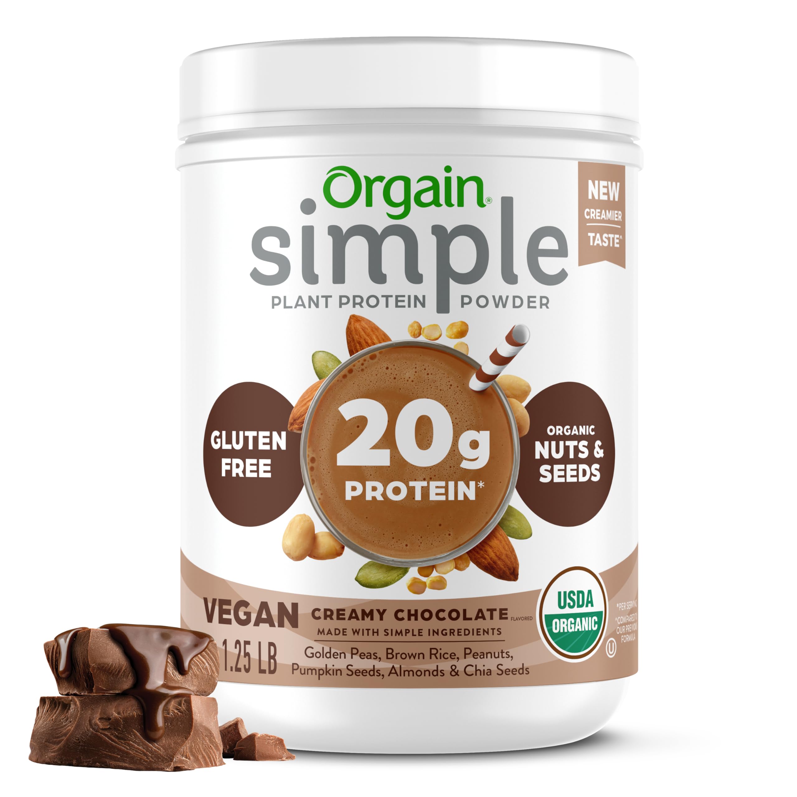 USDA Organic Orgain Organic Simple Vegan Protein Powder Chocolate - Plant Based Protein, Gluten Free, No Dairy or Lacto